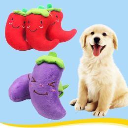 Cute Plush Animal Shape Squeak Sound Pet Cat Dog Toys Funny Durable Chew Molar Toys Fit For All Pets Eggplant Chili Fleece Toy