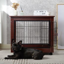 31' Length Furniture Style Pet Dog Crate Cage End Table with Wooden Structure and Iron Wire and Lockable Caters, Medium Dog House Indoor Use.