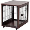 31' Length Furniture Style Pet Dog Crate Cage End Table with Wooden Structure and Iron Wire and Lockable Caters, Medium Dog House Indoor Use.