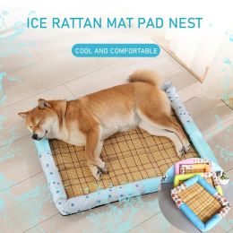 Breathable Pet Puppy Cooling Mat Bed Summer Protection Cervical Spine Cat Dog Ice Mat Square Rattan Kennel Supplies (Color: Pink)